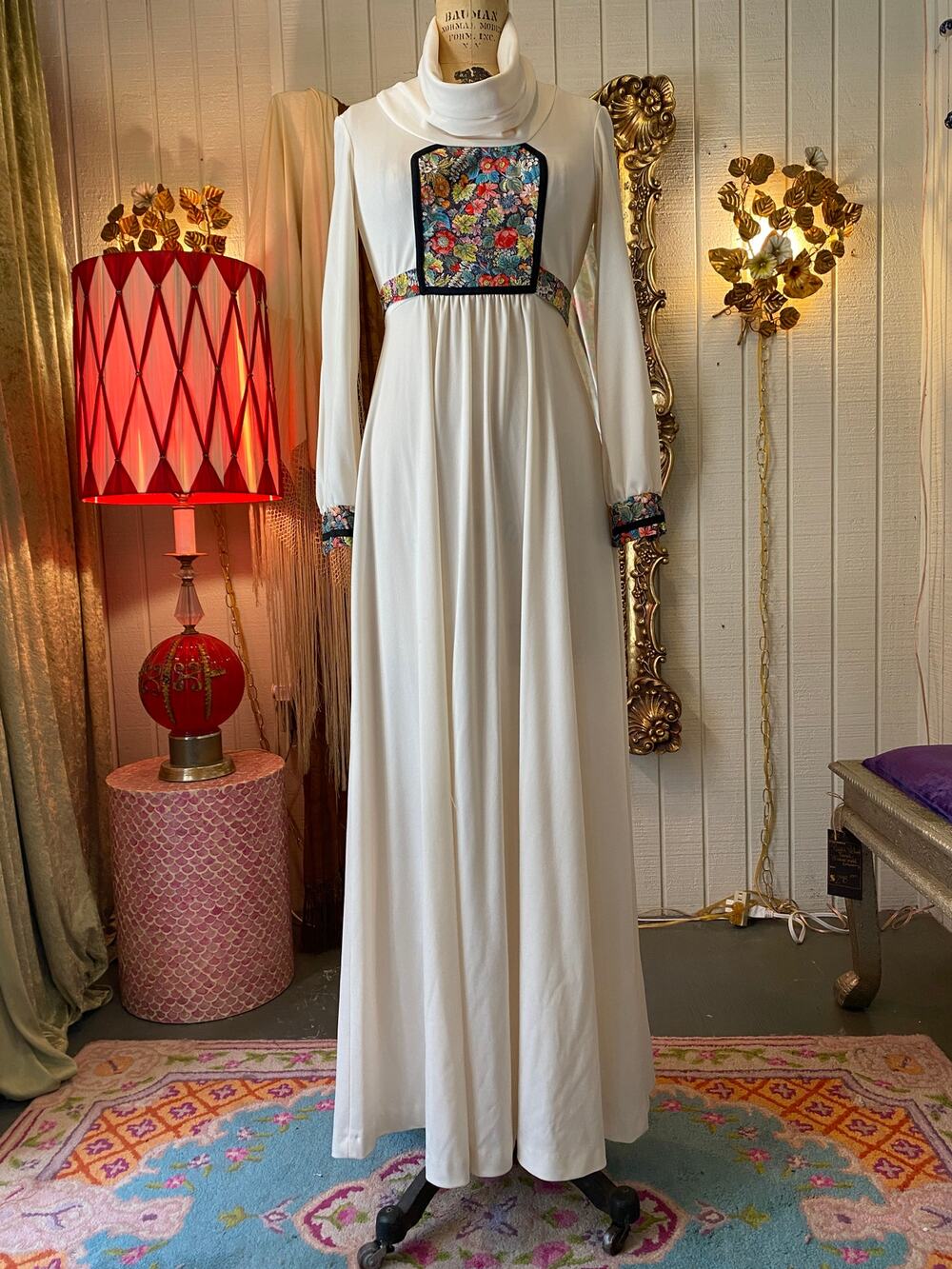 vintage 1970s bib front cowl neck maxi dress, floral patchwork, hippie boho, xs